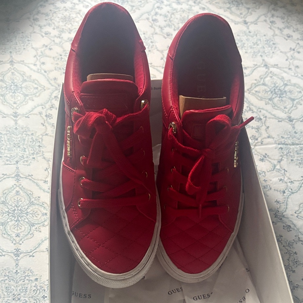 Guess Red Quilted Lace-Up Sneakers